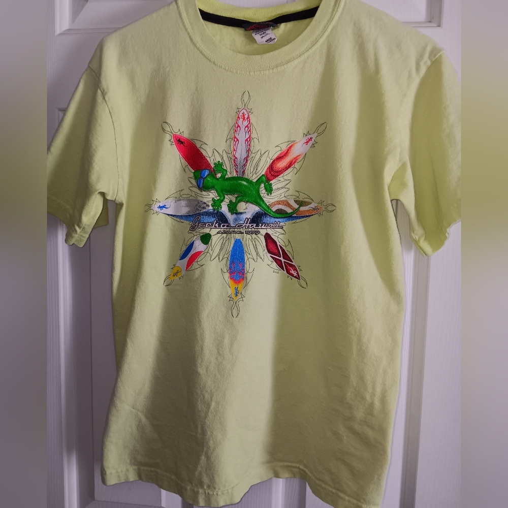 Vintage 90s Gecko Hawaii Yellow Lime Green Graphics T-Shirt Size Large Rare